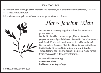Traueranzeige von Hans-Joachim Klein von Südthüringer Presse