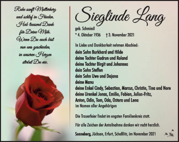 Traueranzeige von Sieglinde Lang von Südthüringer Presse