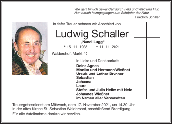 Traueranzeige von Ludwig Schaller von Frankenpost