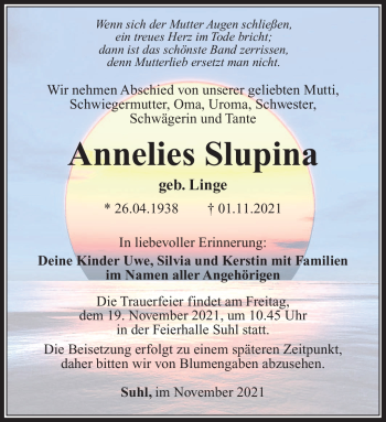 Traueranzeige von Annelies Slupina von Südthüringer Presse
