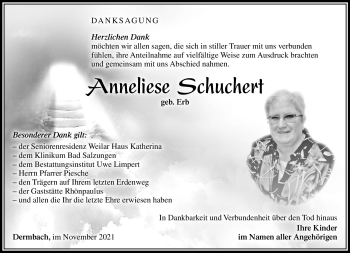 Traueranzeige von Anneliese Schuchert von Südthüringer Presse
