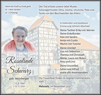 Traueranzeige von Rosalinde Schwarz von Südthüringer Presse