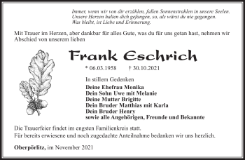 Traueranzeige von Frank Eschrich von Südthüringer Presse