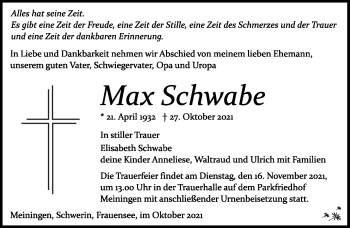 Traueranzeige von Max Schwabe von Südthüringer Presse
