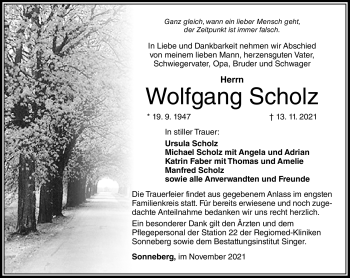 Traueranzeige von Wolfgang Scholz von Südthüringer Presse