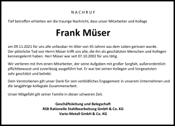 Traueranzeige von Frank Müser von Südthüringer Presse