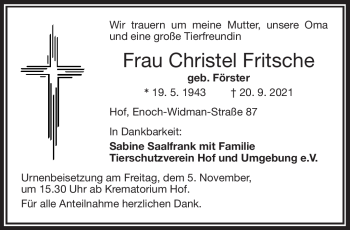 Traueranzeige von Christel Fritsche von Frankenpost