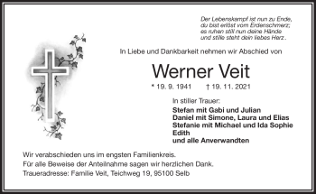 Traueranzeige von Werner Veit von Frankenpost