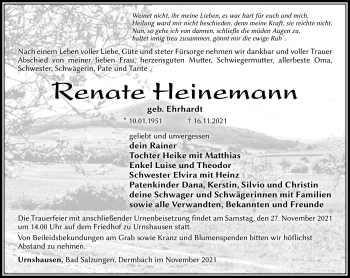 Traueranzeige von Renate Heinemann von Südthüringer Presse