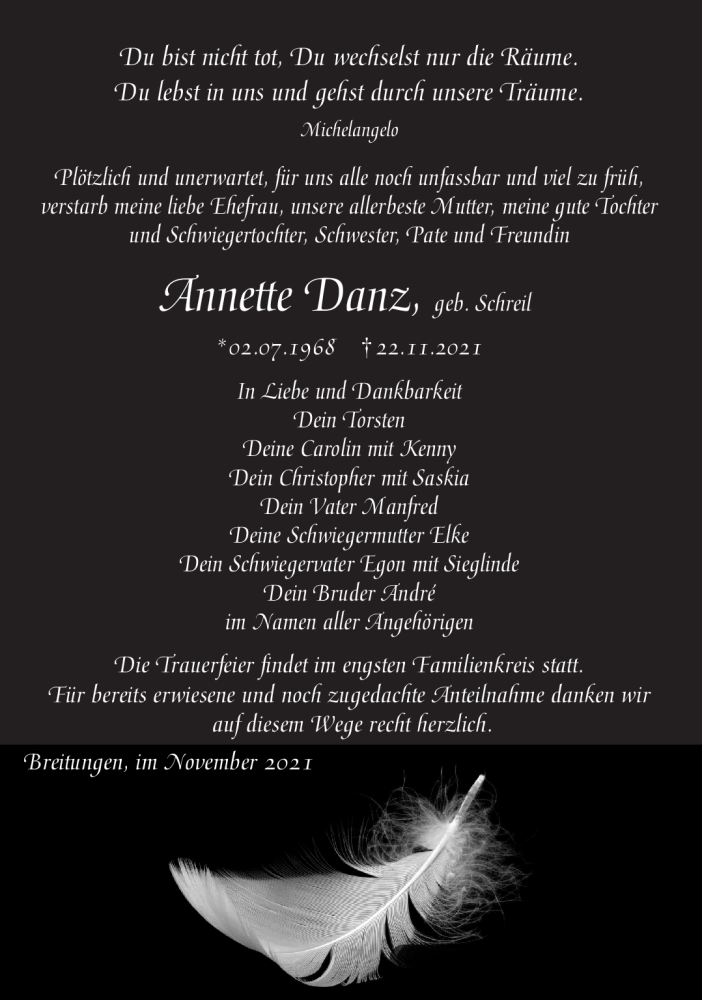  Traueranzeige für Annette Danz vom 27.11.2021 aus Südthüringer Presse