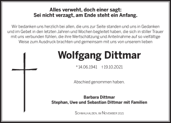 Traueranzeige von Wolfgang Dittmar von Südthüringer Presse