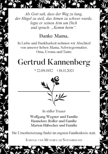 Traueranzeige von Gertrud Kannenberg von Südthüringer Presse