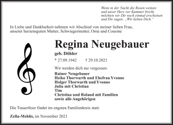 Traueranzeige von Regina Neugebauer von Südthüringer Presse