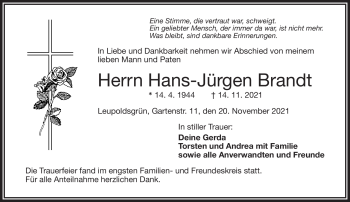 Traueranzeige von Hans-Jürgen Brandt von Frankenpost