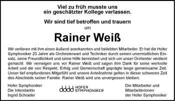 Traueranzeige von Rainer Weiß von Frankenpost
