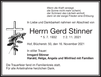 Traueranzeige von Gerd Stinner von Frankenpost