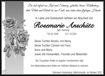 Traueranzeige von Rosemarie Anschütz von Südthüringer Presse