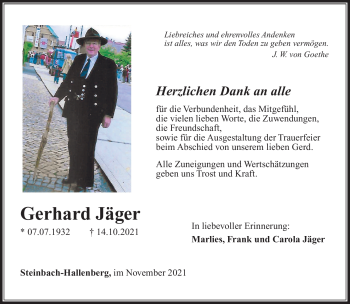 Traueranzeige von Gerhard Jäger von Südthüringer Presse
