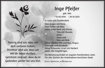 Traueranzeige von Inge Pfeifer von Südthüringer Presse