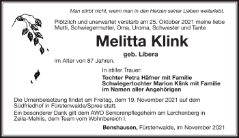 Traueranzeige von Melitta Klink von Südthüringer Presse