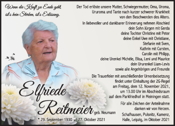 Traueranzeige von Elfriede Reitmeier von Südthüringer Presse