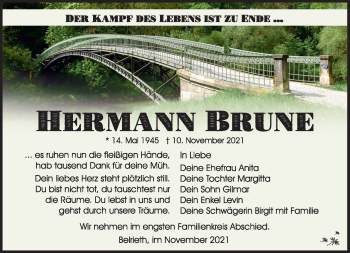 Traueranzeige von Hermann Brune von Südthüringer Presse