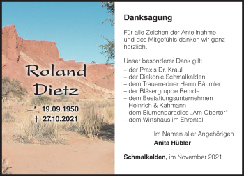 Traueranzeige von Roland Dietz von Südthüringer Presse