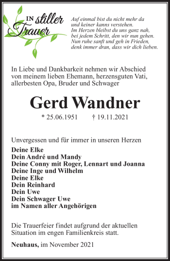 Traueranzeige von Gerd Wandner von Südthüringer Presse