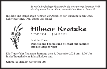 Traueranzeige von Hilmar Kratzke von Südthüringer Presse