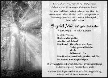Traueranzeige von Sigrid Müller von Südthüringer Presse