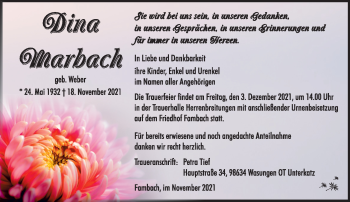 Traueranzeige von Dina Marbach von Südthüringer Presse
