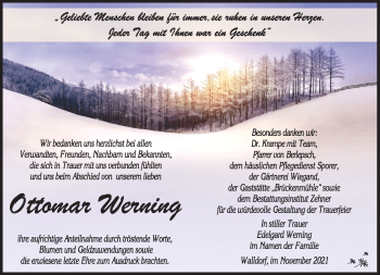 Traueranzeige von Ottomar Werning von Südthüringer Presse