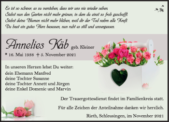 Traueranzeige von Annelies Käb von Südthüringer Presse