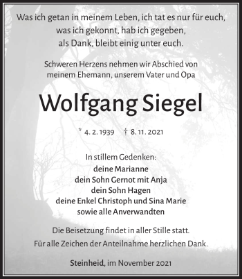 Traueranzeige von Wolfgang Siegel von Südthüringer Presse