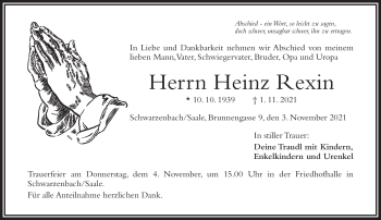 Traueranzeige von Heinz Rexin von Frankenpost