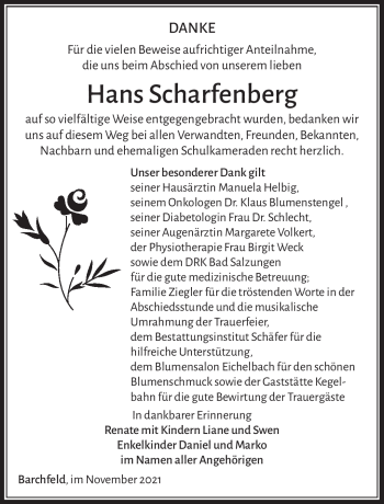 Traueranzeige von Hans Scharfenberg von Südthüringer Presse
