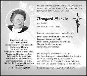 Traueranzeige von Irmgard Schütz von Südthüringer Presse