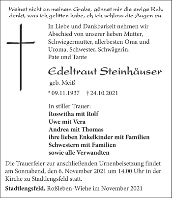 Traueranzeige von Edeltraut Steinhäußer von Südthüringer Presse