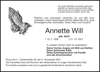 Traueranzeige von Annette Will von Neue Presse Coburg