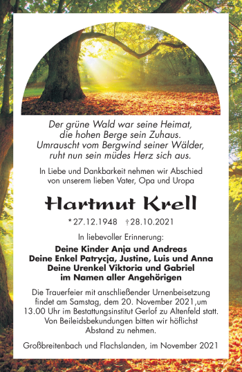 Traueranzeige von Hartmut Krell von Südthüringer Presse
