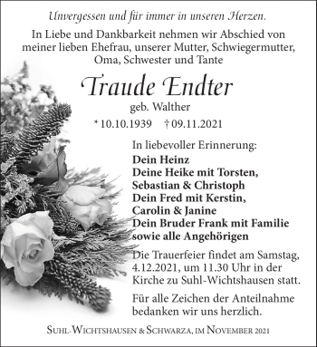 Traueranzeige von Traude Endter von Südthüringer Presse