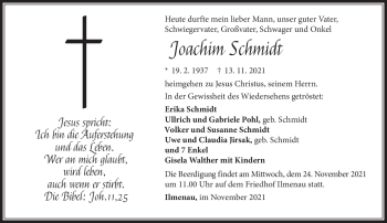 Traueranzeige von Joachim Schmidt von Südthüringer Presse