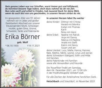 Traueranzeige von Erika Börner von Südthüringer Presse