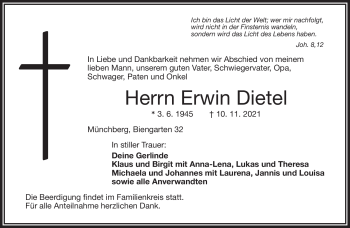 Traueranzeige von Erwin Dietel von Frankenpost