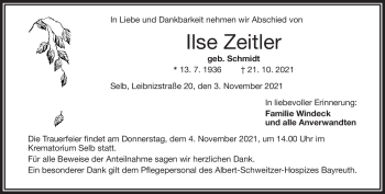 Traueranzeige von Ilse Zeitler von Frankenpost