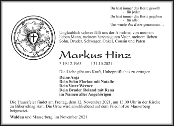 Traueranzeige von Markus Hinz von Südthüringer Presse