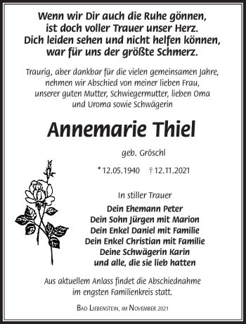 Traueranzeige von Annemarie Thiel von Südthüringer Presse