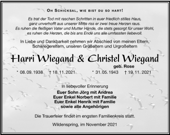 Traueranzeige von ChristelHarri WiegandWiegand von Südthüringer Presse