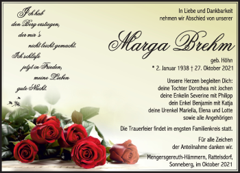 Traueranzeige von Marga Brehm von Südthüringer Presse