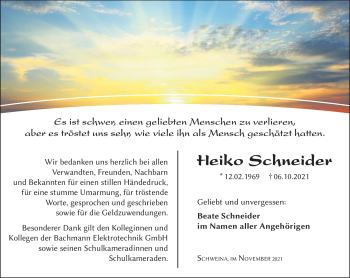 Traueranzeige von Heiko Schneider von Südthüringer Presse